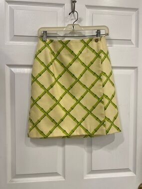 J. McLaughlin yellow  Mini wrap Skirt with Green Lattice Print